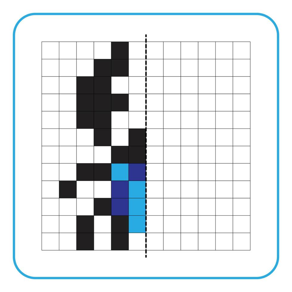 Bildreflexion Lernspiel für Kinder. lernen, Symmetrie-Arbeitsblätter für Vorschulaktivitäten auszufüllen. Ausmalen von Rasterseiten, visuelle Wahrnehmung und Pixelkunst. Beende den Blauhornkäfer. vektor