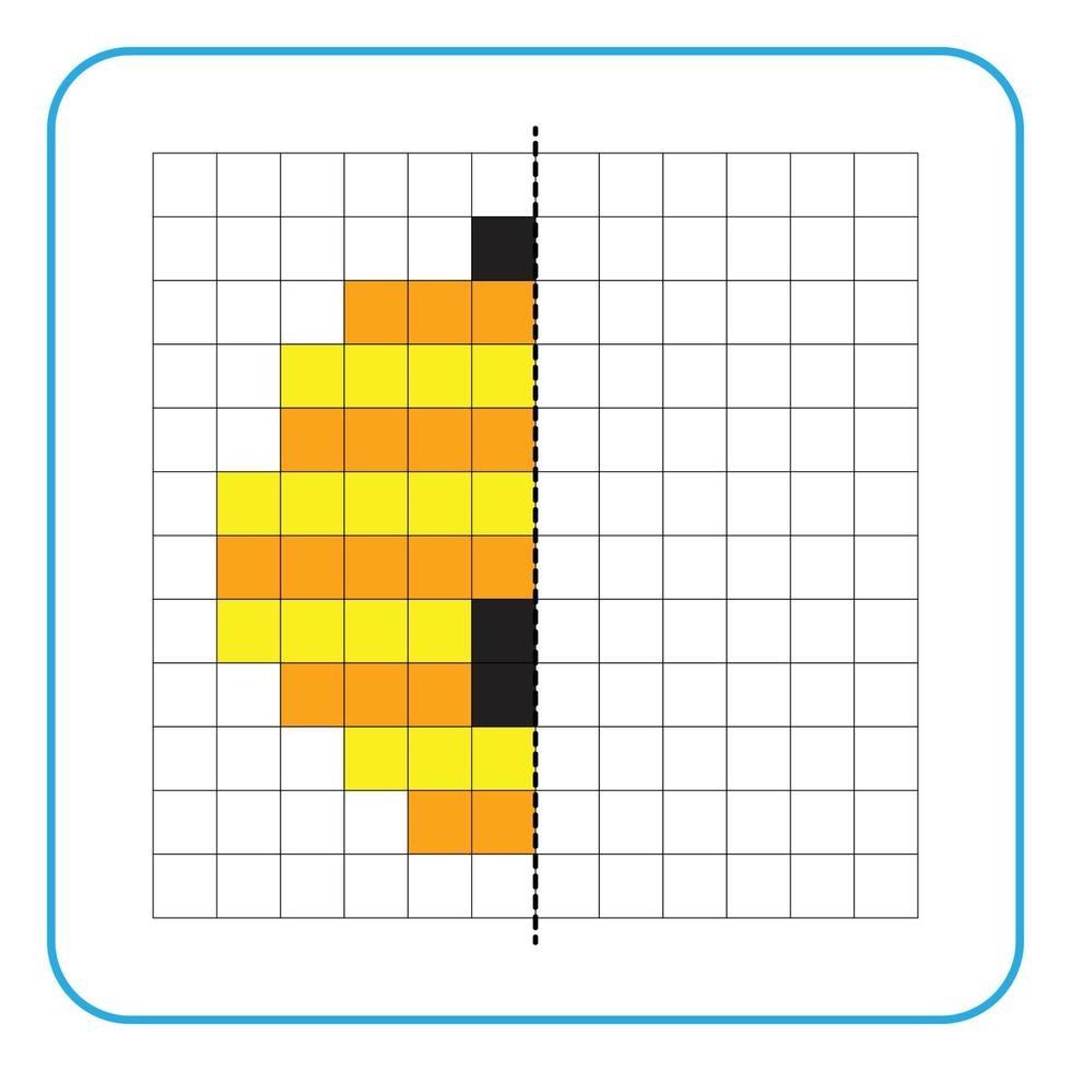 bild reflektion pedagogiskt spel för barn. lära sig att fylla i symmetriarbetsblad för förskoleverksamhet. målarbilder, visuell perception och pixelkonst. avsluta geting- eller honungsbiboet. vektor