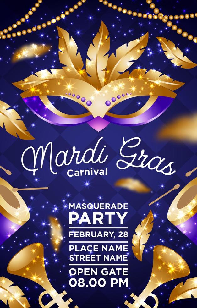 Mardi Gras Musikfestival Posterkonzept mit goldener Maske vektor
