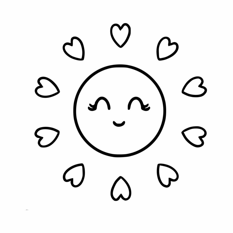söt sol med leende och strålar i form av hjärtan. vektor ikon i doodle stil.