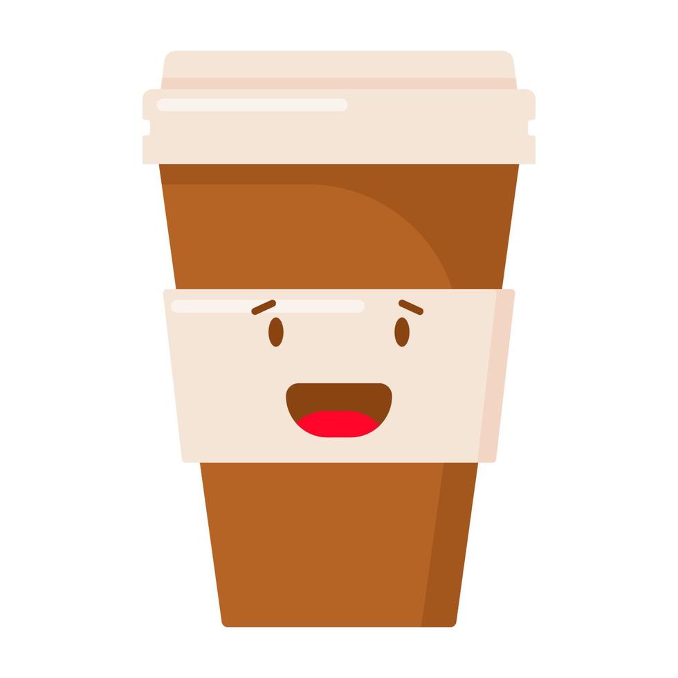 en kopp kaffe med etikett och ett glatt ansikte i platt stil. vektor