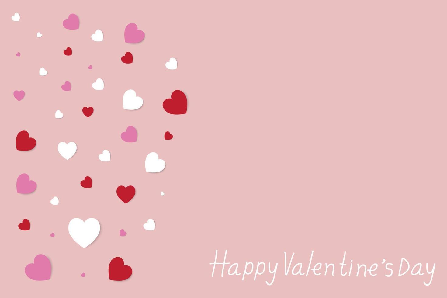 glad alla hjärtans dag med handbokstäver, många vackra hjärtformar på rosa bakgrund. vektor illustration.