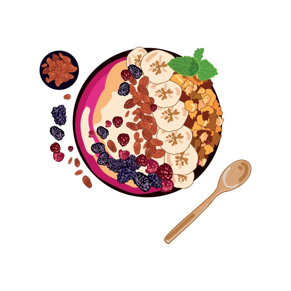 acai smoothie bowl med banan, björnbär, spannmål, hallon, mandel, ovanifrån. vegansk smoothie bowl med bär, handritning på en gul bakgrund. hälsosam vegansk dessert.vector, platt låg hälsosam mat vektor