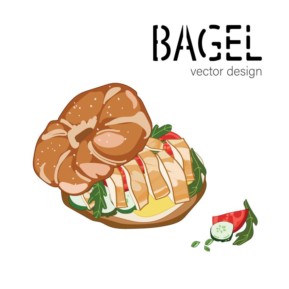 Bagel-Sandwich mit Frischkäse, Hühnchen, Gemüse und Rucola auf einem weißen Hintergrund-Vektor-Design. Bagelhuhn, Brotprodukt im Skizzenstil gezeichnet. vektor