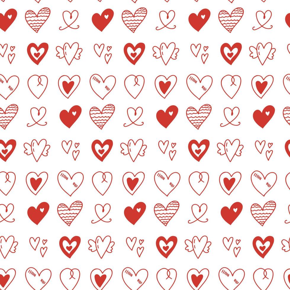 Vektor nahtlose Muster mit niedlichen verschiedenen handgezeichneten einfachen Herzen Doodle auf weißem Hintergrund. romantische Valentinstag Kulisse, Tapetendesign