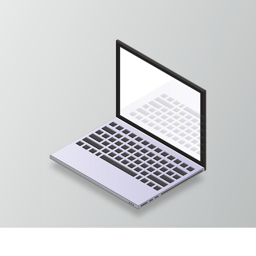 vektor 3d isometrisk bärbar dator. isometrisk mock up av bärbar dator. 3d laptop mockup. dator med tom skärm för app. bärbar dator med öppen skärm. vektor illustration