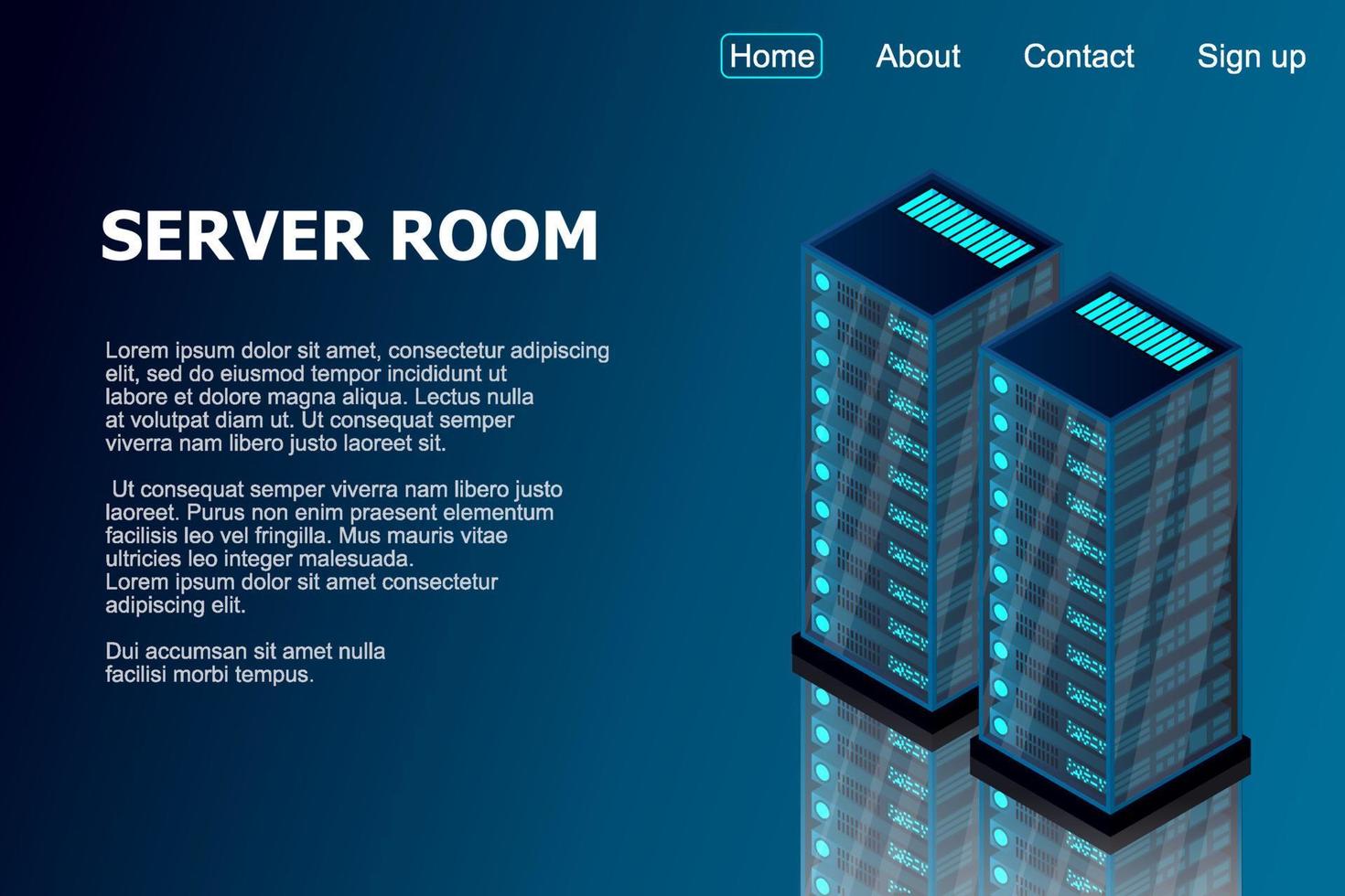 isometrischer Serverraum. futuristische Technologie des Datenschutzes und der Datenverarbeitung. Mainframe, Powered Server, High-Tech-Konzept, Rechenzentrum. Vektor-Illustration vektor