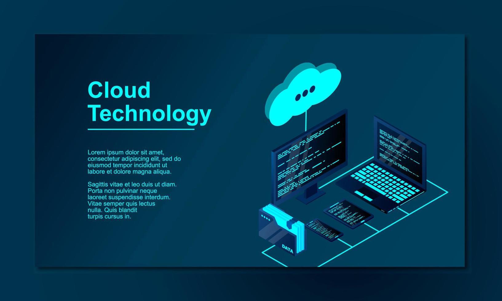 Vektor isometrisches 3D-Illustrationsnetz mit Computer, Laptop, Tablet und Smartphone. Cloud-Speicher 3D-isometrisches Technologiekonzept. isometrische Cloud-Technologie mit Cloud. moderne Cloud-Technologien.