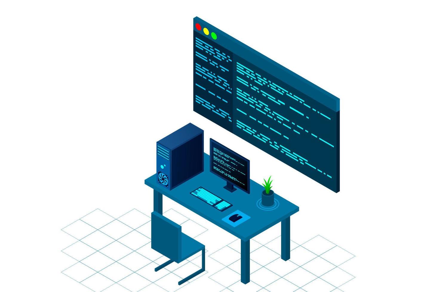 Webseitenvorlage für Programmierung oder Softwareentwicklung. Vektorgrafik mit isometrischer Laptopansicht und Programmcode auf dem Bildschirm. Programmierkonzept. Vektor-Illustration vektor