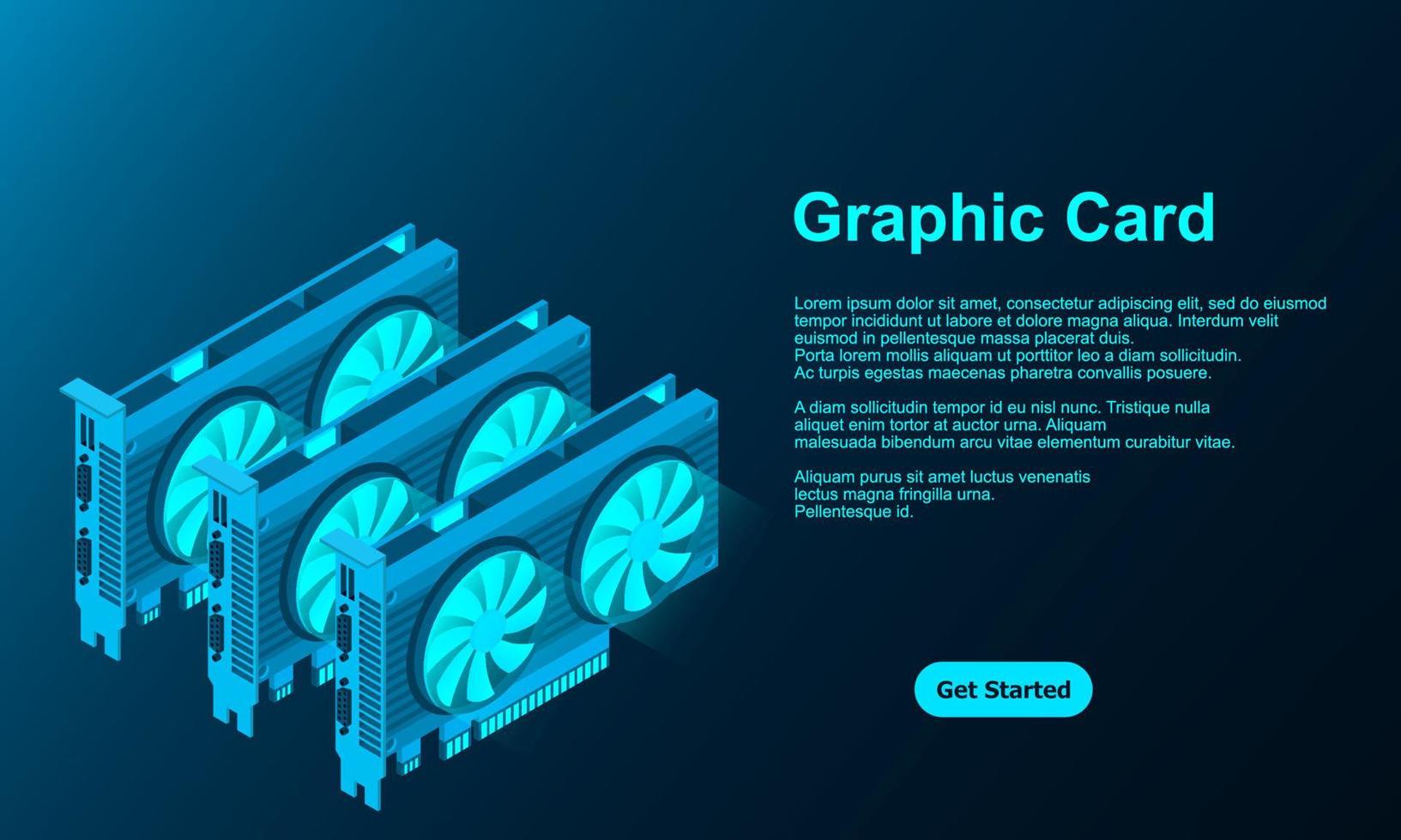 3d isometriskt grafikkort. grafikkort för brytning av kryptovalutor eller spel. maskinvarukomponenter för persondatorer. gpu grafikkort illustration vektor