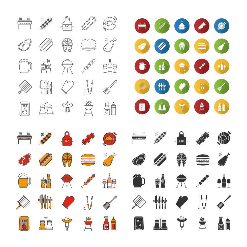 Grillsymbole gesetzt. Grill. Grills, Speisen, Getränke, Küchenutensilien. lineares, flaches Design, Farb- und Glyphenstile. isolierte vektorillustrationen vektor