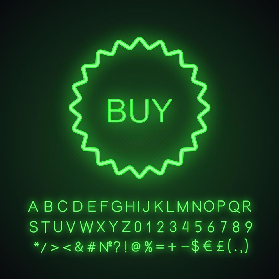 Kaufen Sie Aufkleber Neonlicht-Symbol. Einkaufen. leuchtendes Schild mit Alphabet, Zahlen und Symbolen. isolierte Vektorgrafik vektor