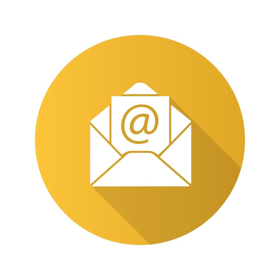 E-Mail-Adresse flaches Design lange Schatten Glyphe Symbol. Umschlag mit Arroba-Zeichen. Vektor-Silhouette-Abbildung vektor