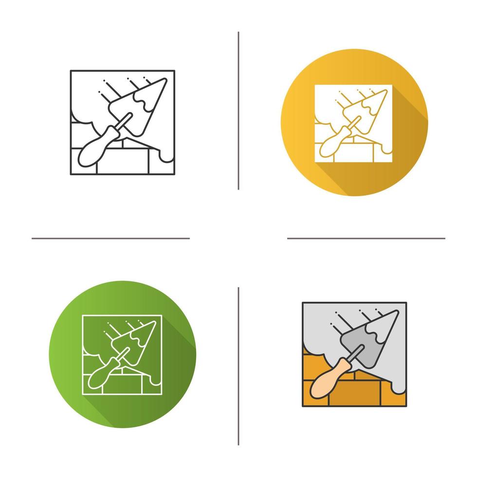 Backsteinmauer mit dreieckigem Schaufelsymbol. Spachtel, Spachtel. Zementlösung. flaches Design, lineare und farbige Stile. isolierte vektorillustrationen vektor