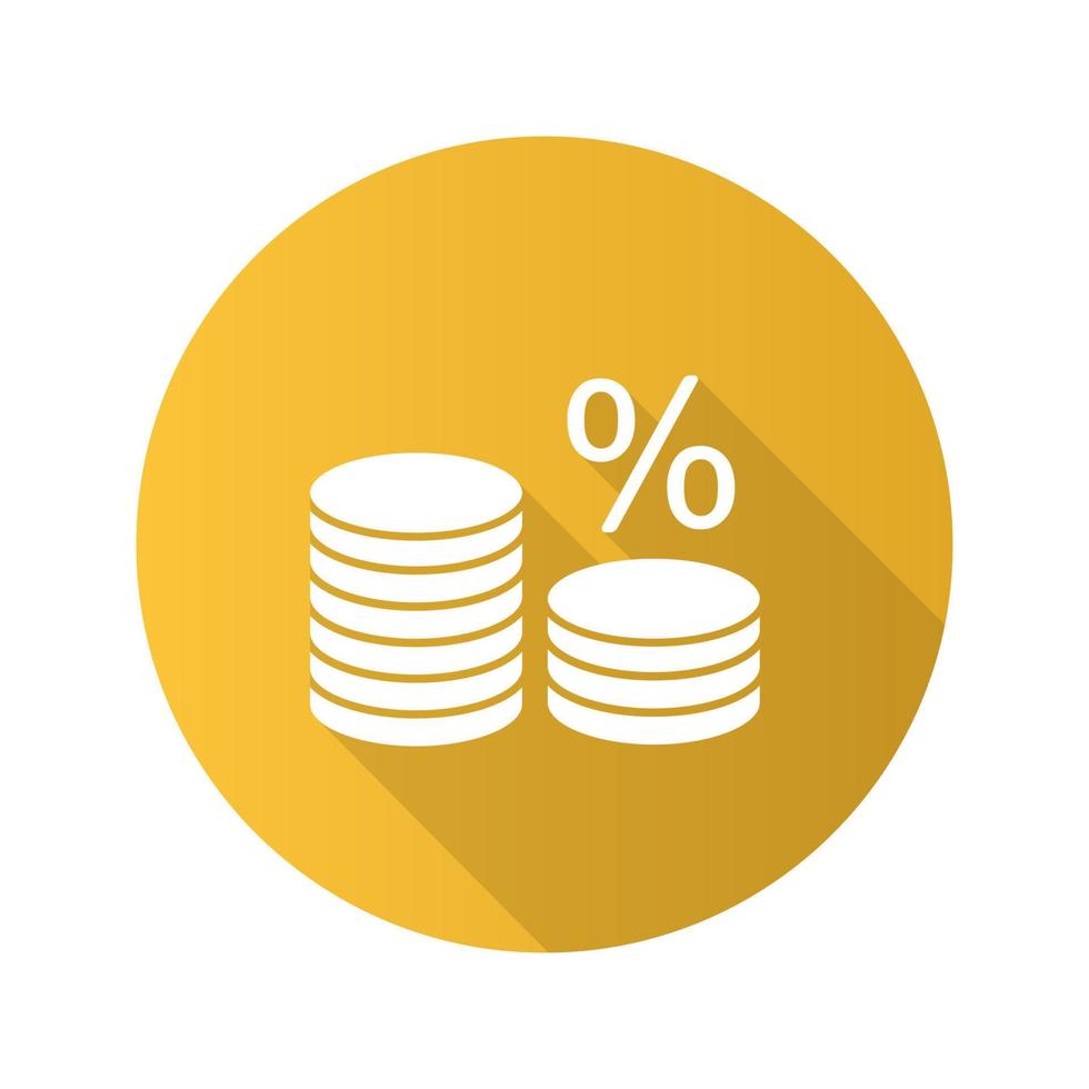 Münzstapel mit Prozent flaches Design lange Schatten Glyphe Symbol. Zinsrate. Bankgeschäfte. Geld sparen. Vektor-Silhouette-Abbildung vektor