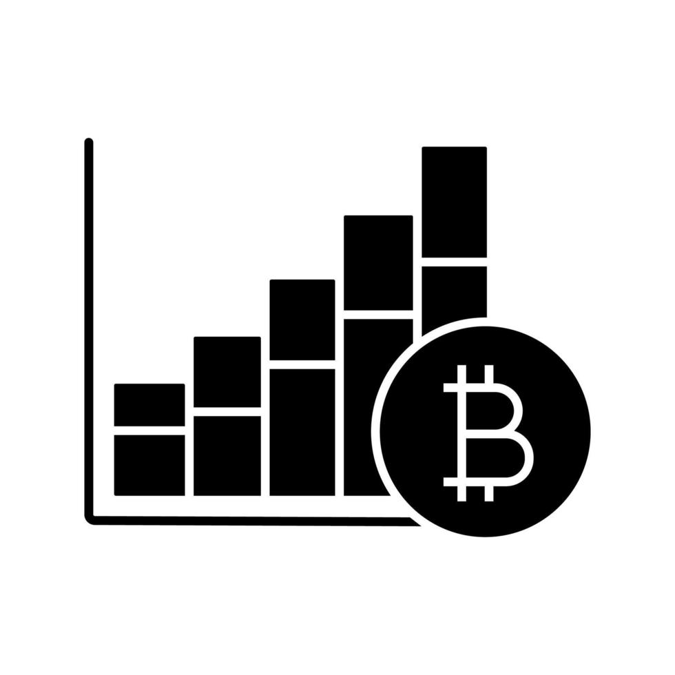 Bitcoin marknadstillväxt diagram glyfikon. siluett symbol. priserna på kryptovaluta stiger. statistik diagram med bitcoin tecken. negativt utrymme. vektor isolerade illustration