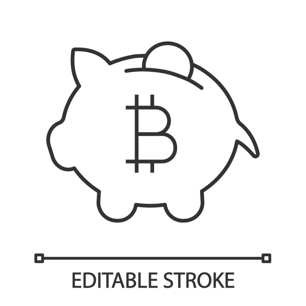Bitcoin insättning linjär ikon. penny spargris med bitcoin. tunn linje illustration. brytning av kryptovalutor. kontur symbol. spara digitala pengar. vektor isolerade konturritning. redigerbar linje