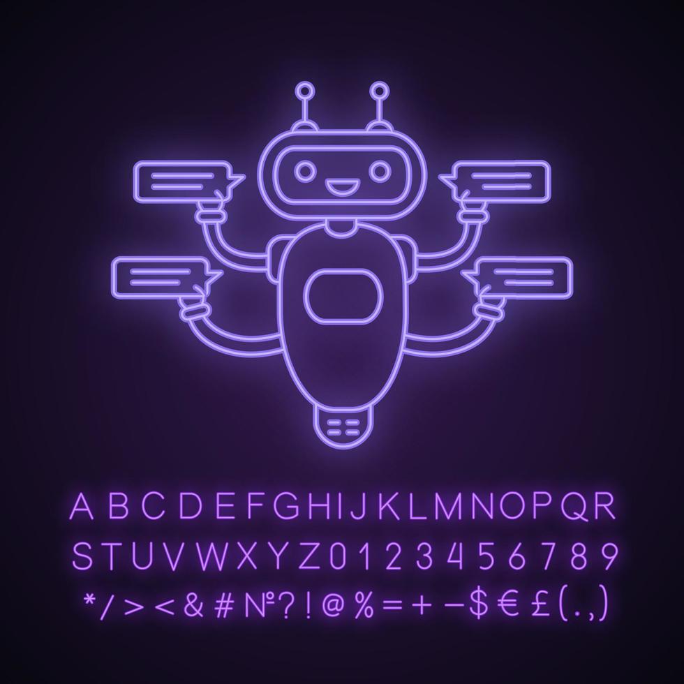 Chatbot mit Sprechblasen-Neonlicht-Symbol. Talkbot, der mit mehreren Benutzern chattet. Kundenbetreuungsdienst. moderner Roboter. leuchtendes Schild mit Alphabet, Zahlen und Symbolen. isolierte Vektorgrafik vektor