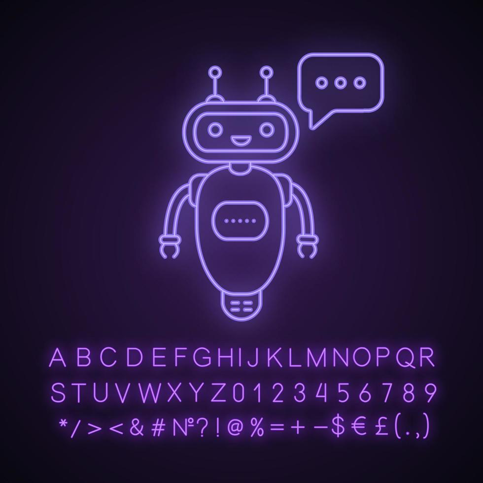 Chatbot-Antwort-Neonlicht-Symbol eingeben. Talkbot mit drei Punkten in Sprechblase. Verarbeitungsanfrage virtueller Assistent. leuchtendes Schild mit Alphabet, Zahlen und Symbolen. isolierte Vektorgrafik vektor