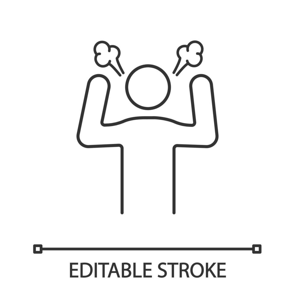 arg person linjär ikon. ånga kommer ut öronen. tunn linje illustration. ilska och irritation. stress och utbrändhet. rasande man. frustration. vektor isolerade konturritning. redigerbar linje