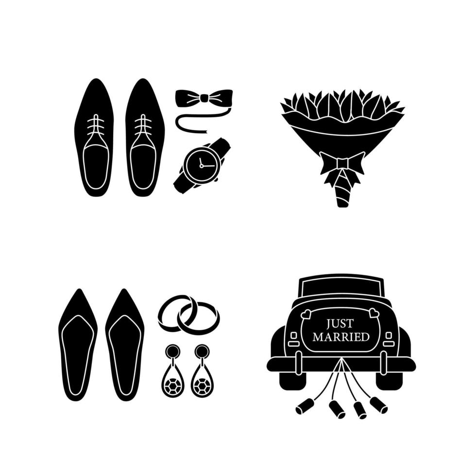 bröllop planering glyf ikoner set. herr- och damtillbehör, blombukett, bröllopsbil. siluett symboler. vektor isolerade illustration
