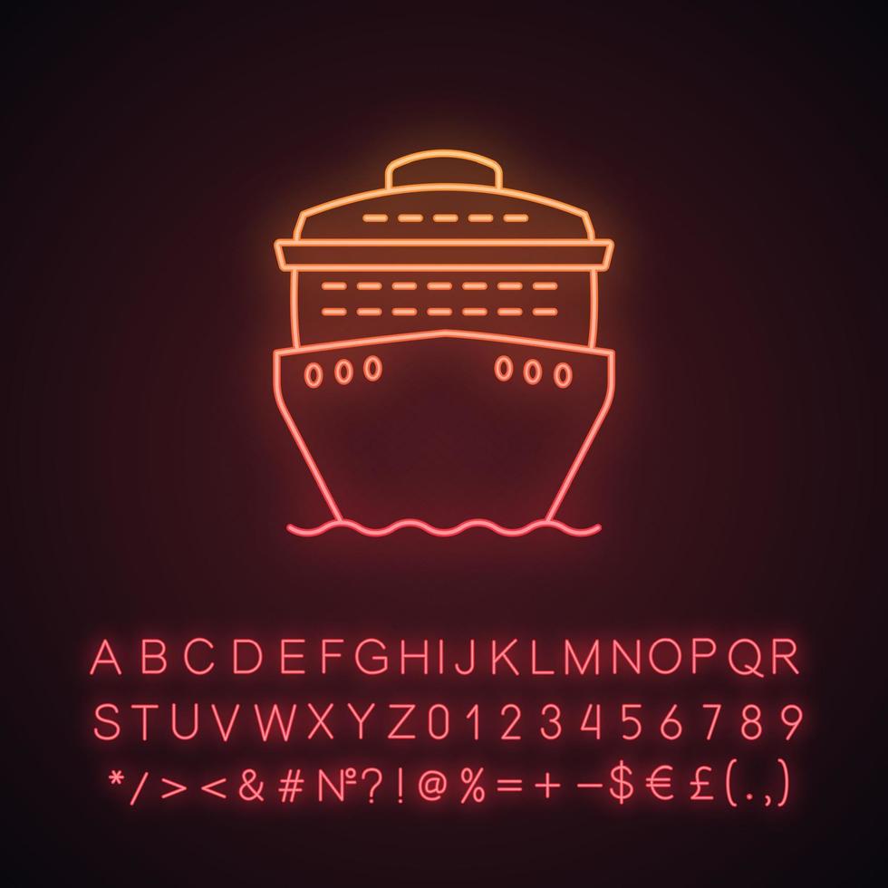 Kreuzfahrtschiff in Frontansicht Neonlicht-Symbol. Kreuzfahrtschiff. Boot, Kreuzfahrtschiff, Fähre. Wassertransport. Sommerreise. leuchtendes Schild mit Alphabet, Zahlen und Symbolen. isolierte Vektorgrafik vektor