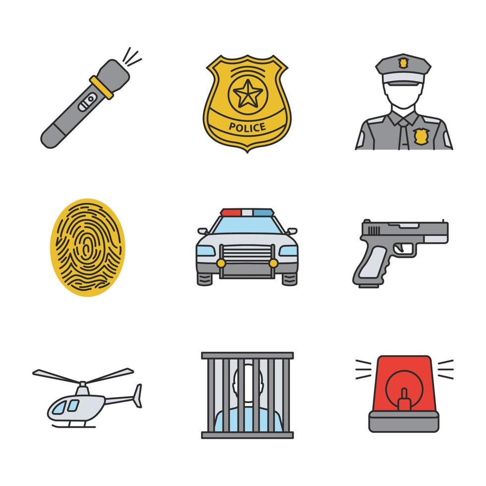 Polizei Farbsymbole gesetzt. Taschenlampe, Polizeiabzeichen, Polizist, Fingerabdruck, Auto, Waffe, Hubschrauber, Gefangener, Alarm. isolierte vektorillustrationen vektor