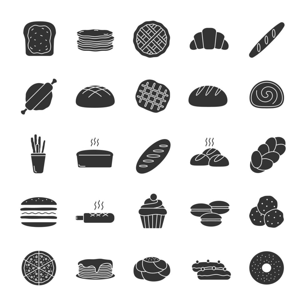 bageri glyf ikoner set. bakverk. konfektyr. bröd, bullar, kakor, macaron, pannkakor. siluett symboler. vektor isolerade illustration