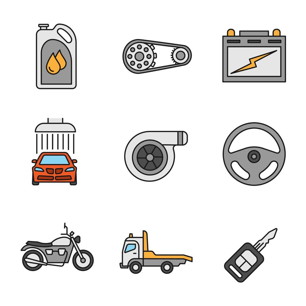 auto verkstad färg ikoner set. motorolja, kedjehjul, bilbatteri, biltvätt, turboladdare, roder, motorcykel, bärgningsbil, nyckel. isolerade vektorillustrationer vektor