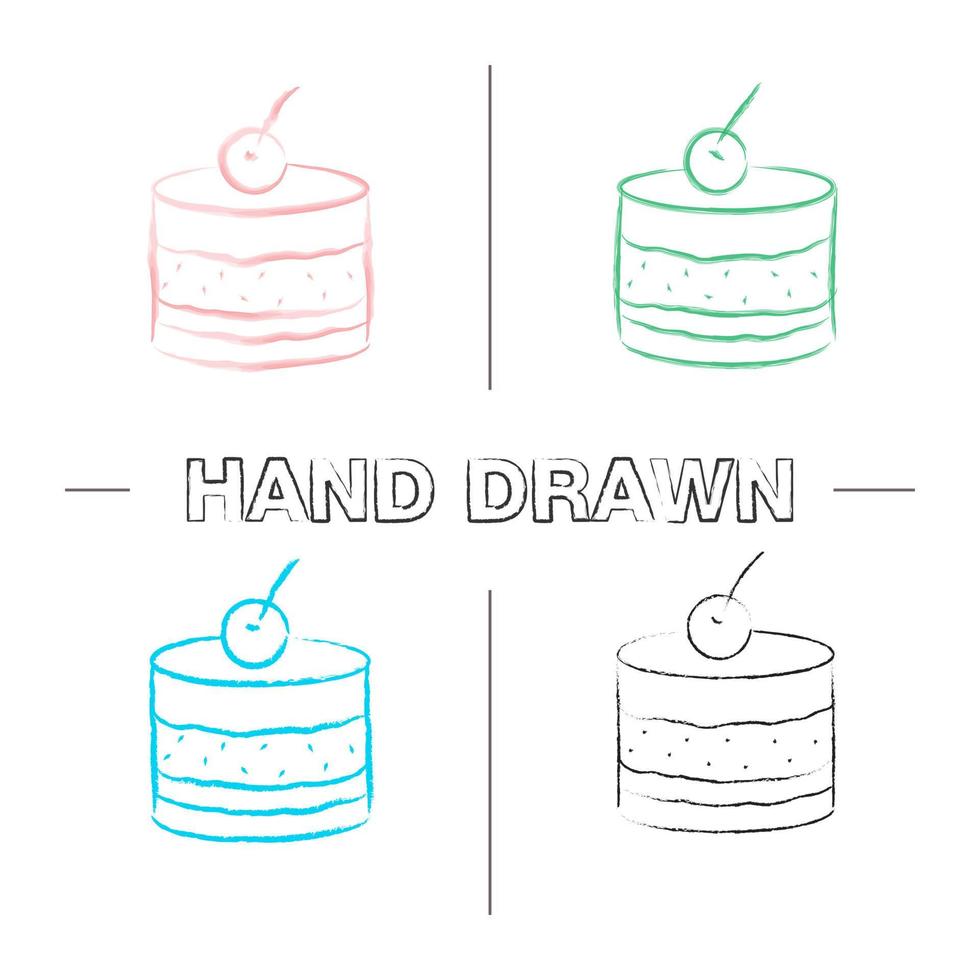 tiramisu handritade ikoner set. tårta med körsbär. färg penseldrag. isolerade vektor skissartade illustrationer