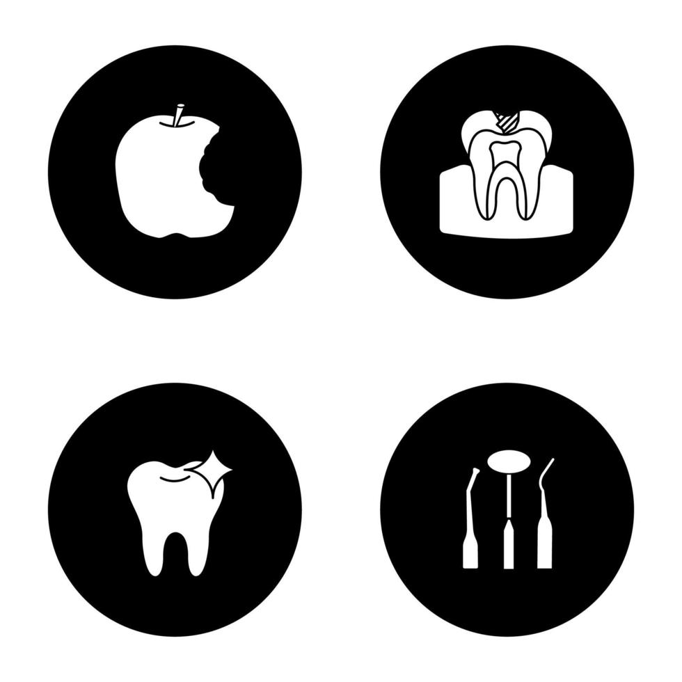 tandvård glyf ikoner set. stomatologi. bitit äpple, karies, glänsande tand, tandinstrument. vektor vita silhuetter illustrationer i svarta cirklar