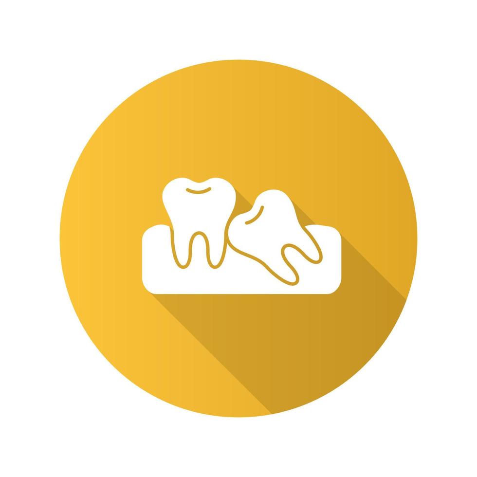 krokiga tänder platt design lång skugga glyfikon. malocklusion. visdomstandsproblem. vektor siluett illustration