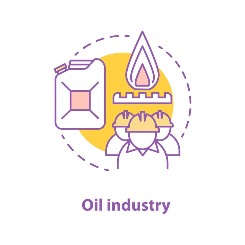 oljeindustrin koncept ikon. petroleumproduktion idé tunn linje illustration. industrifabriksarbetare, petroleumkanister, gasbrännare. vektor isolerade konturritning