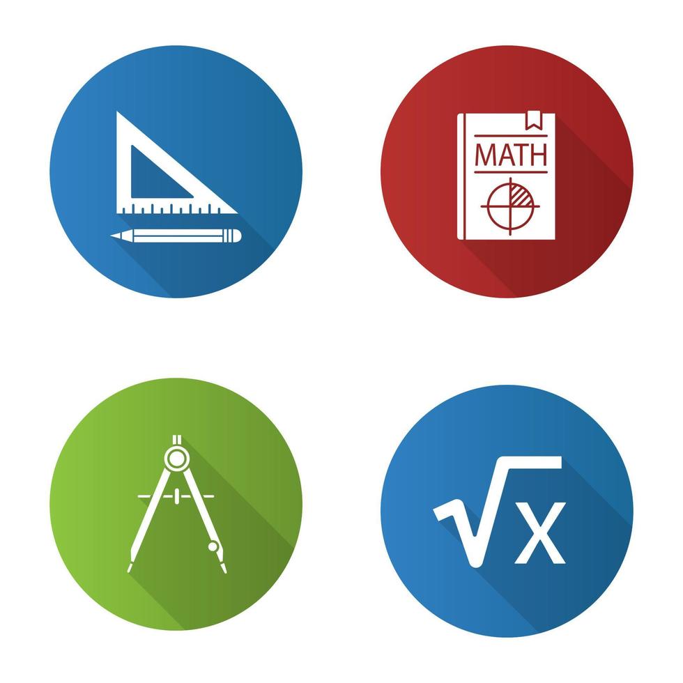 matematik platt design lång skugga glyph ikoner set. triangulär linjal och penna, mattelärobok, ritkompass, kvadratroten ur x. vektor siluett illustration