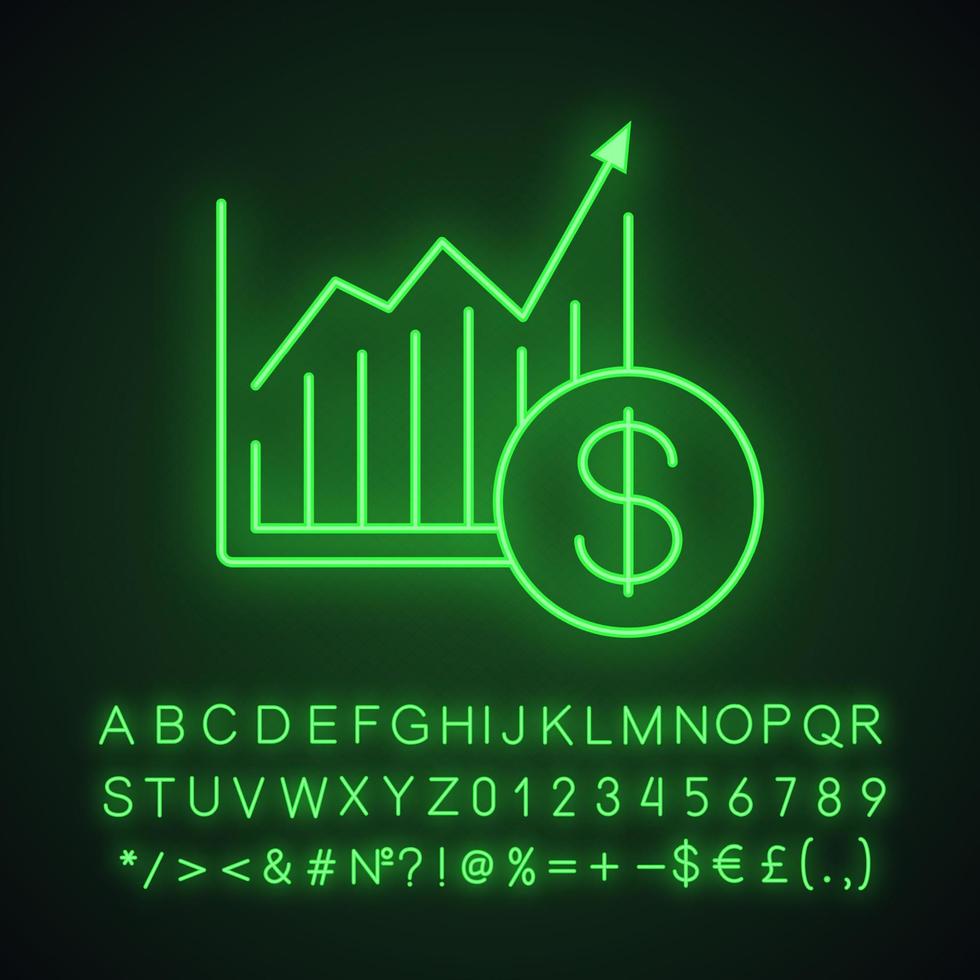 Symbol für das Neonlicht des Marktwachstumsdiagramms. Statistikdiagramm mit Dollarzeichen. leuchtendes Schild mit Alphabet, Zahlen und Symbolen. isolierte Vektorgrafik vektor