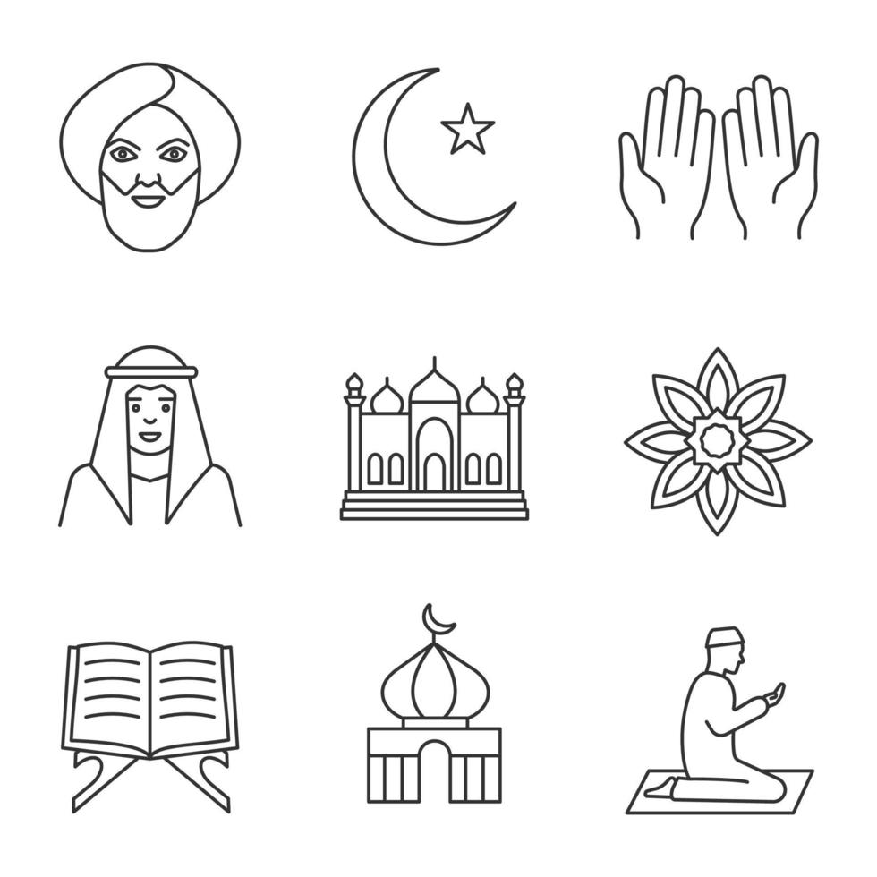 lineare ikonen der islamischen kultur eingestellt. muslimischer Mann, Ramadan-Mond, islamisches Gebet, Moschee, Koranbuch, muslimischer Stern. dünne Linienkontursymbole. isolierte vektorumrissillustrationen vektor