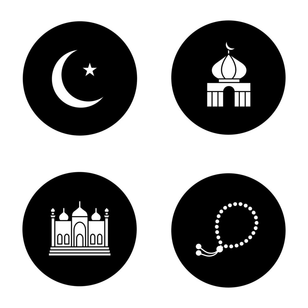 Glyphensymbole der islamischen Kultur eingestellt. Halbmond und Stern, Moscheen, Misbaha. Vektorgrafiken von weißen Silhouetten in schwarzen Kreisen vektor