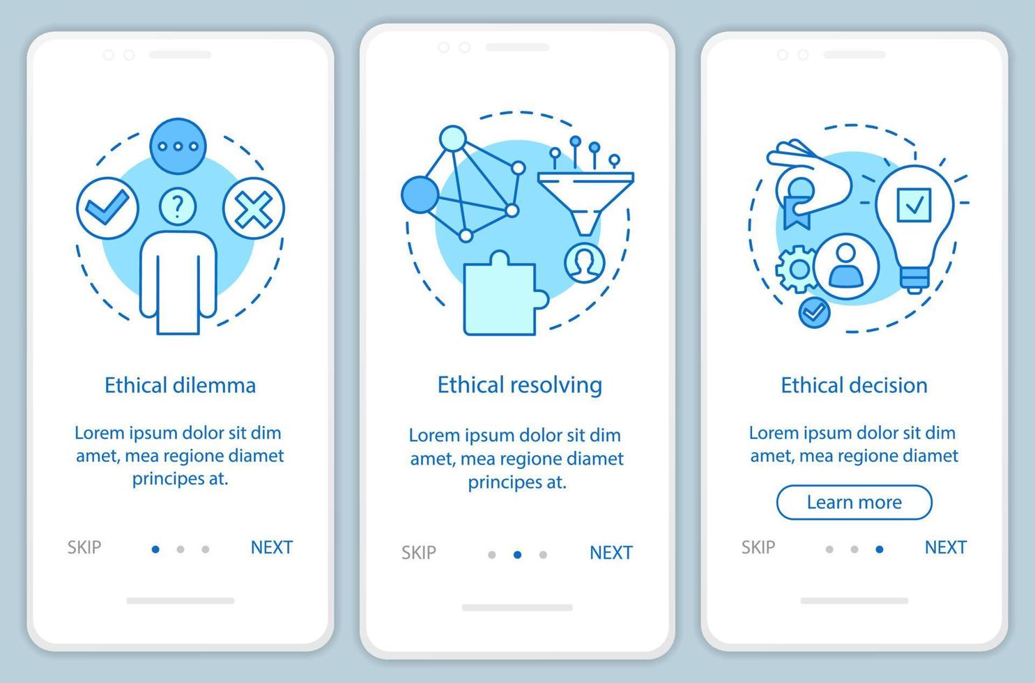 etisk lösning onboarding mobil app sida skärm vektor mall. etiskt dilemma, moraliskt beslut. genomgång av webbplatssteg med linjära illustrationer. ux, ui, gui smartphone gränssnitt koncept