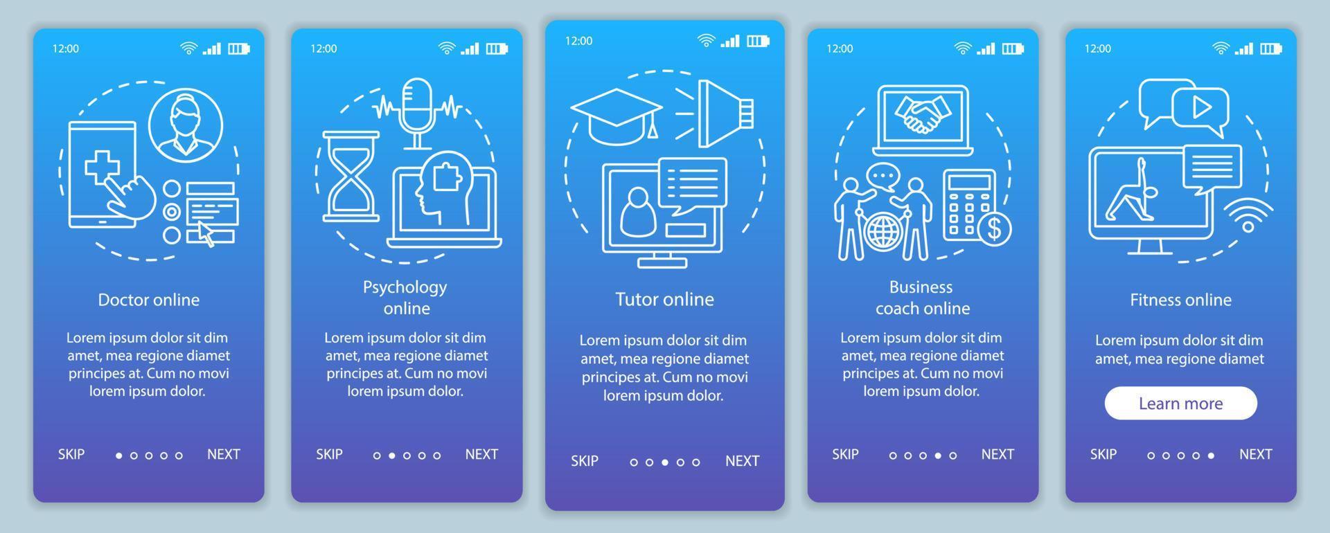 onlinetjänster onboarding mobil app sida skärm vektor mall. hälsa, professionell, fysisk hjälp. genomgång av webbplatssteg med linjära illustrationer. ux, ui, gui smartphone gränssnitt koncept