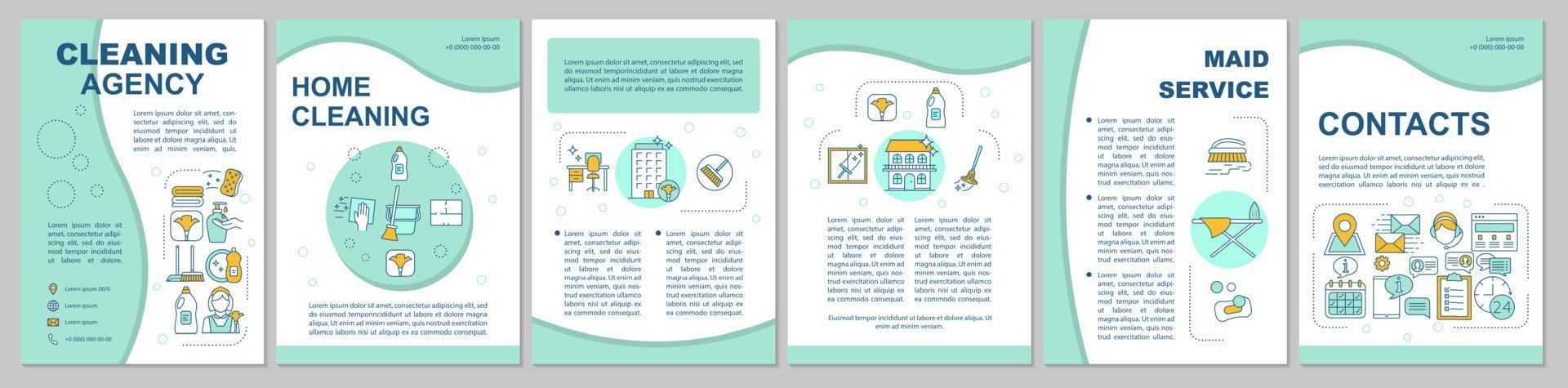 Broschürenvorlagenlayout der Reinigungsagentur. Hauswirtschaft. Flyer, Broschüre, Broschürendruckdesign, lineare Illustrationen. Zimmerreinigung. Vektorseitenlayouts für Zeitschriften, Geschäftsberichte, Werbeplakate vektor