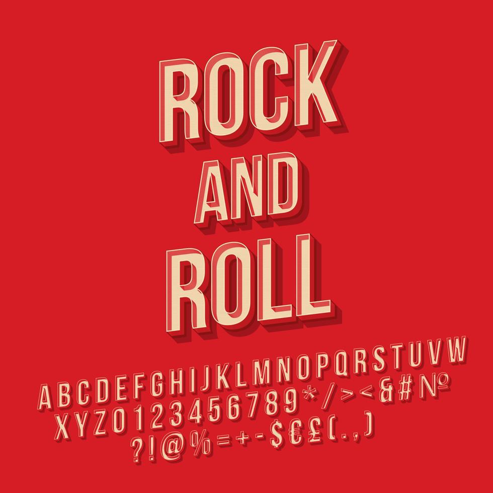 Rock and Roll Vintage 3D-Vektor-Schriftzug. Retro-fette Schriftart. Stilisierter Text der Pop-Art. Buchstaben, Zahlen, Symbole im alten Schulstil. 90er Jahre Poster, Banner, T-Shirt-Typografie-Design. roter farbhintergrund vektor