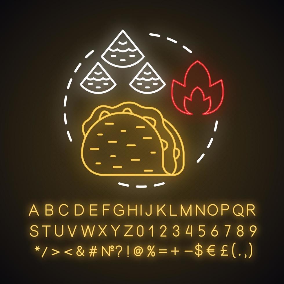 Symbol für das Neonlicht-Konzept der mexikanischen Küche. Chili-Fastfood. mexiko tortilla gerichte. hispanische würzige Taco- und Nachos-Idee. leuchtendes Schild mit Alphabet, Zahlen und Symbolen. isolierte Vektorgrafik vektor