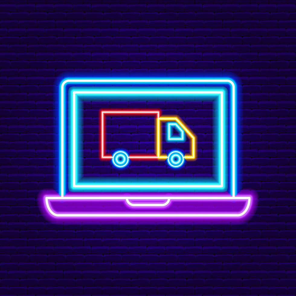 neon bärbar dator med leverans lastbil tecken vektor