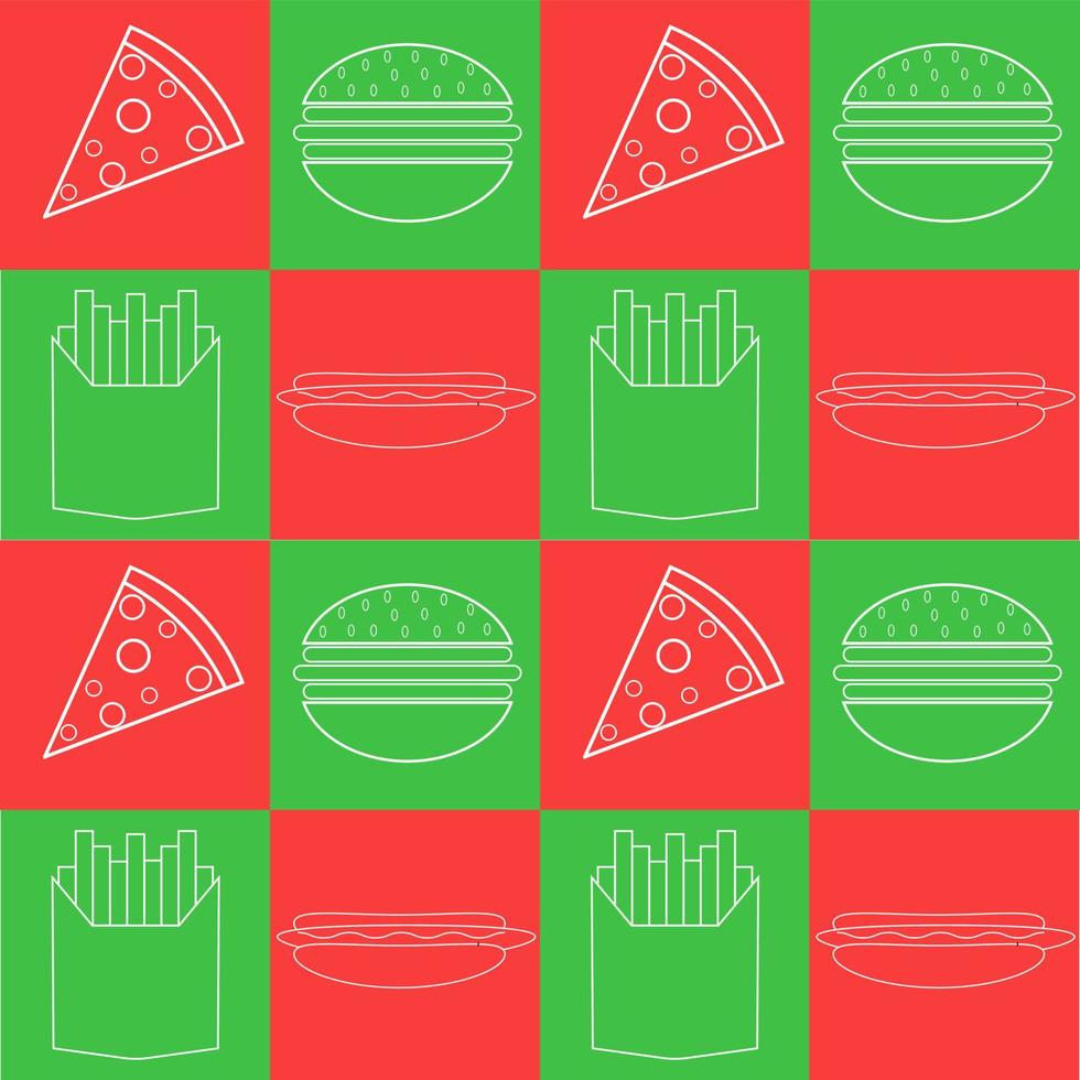 Illustrationsvektordesign von Burger, Pizza, Pommes Frites und Hotdog im Musterdesign. geeignet zum Anbringen von Verpackungen, italienischen Cafés, italienischen Restaurants, Food Courts, Reiseartikeln usw. vektor