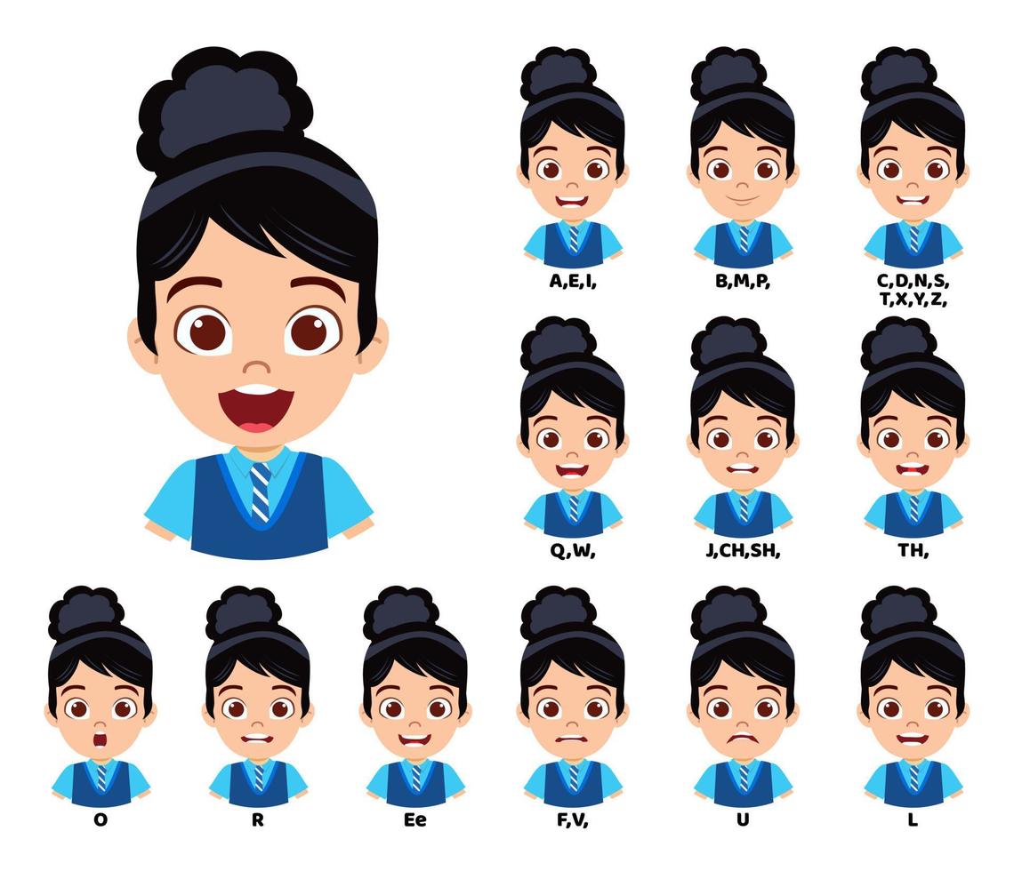 Hintergrund-Kind-Schulmädchen-Charakter-Stehtasche und mit Mund-Animationspaket mit Lippensynchronisationsset für Animation und Tonaussprache isoliert vektor
