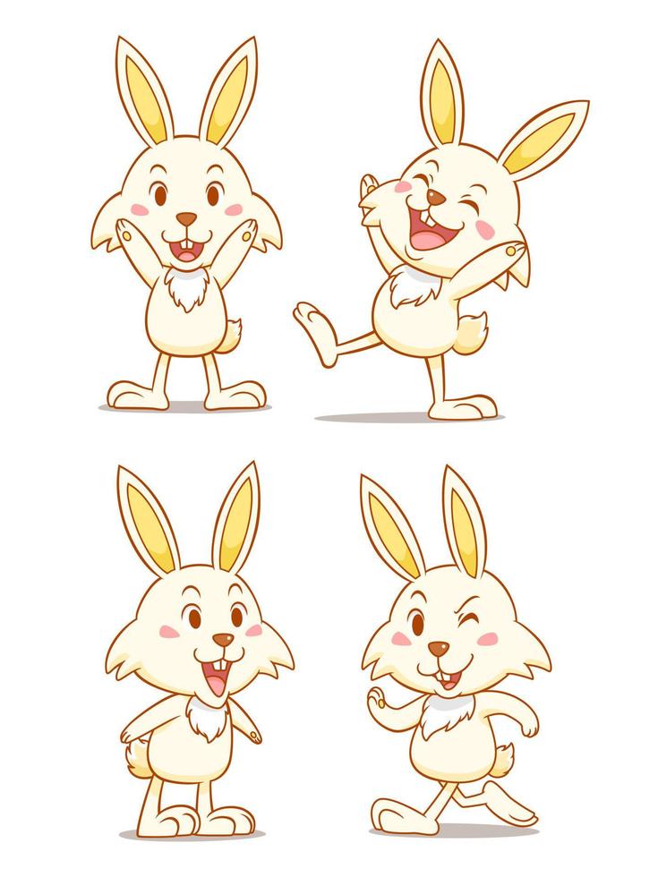 uppsättning av söta tecknade kaniner i olika poser. vektor