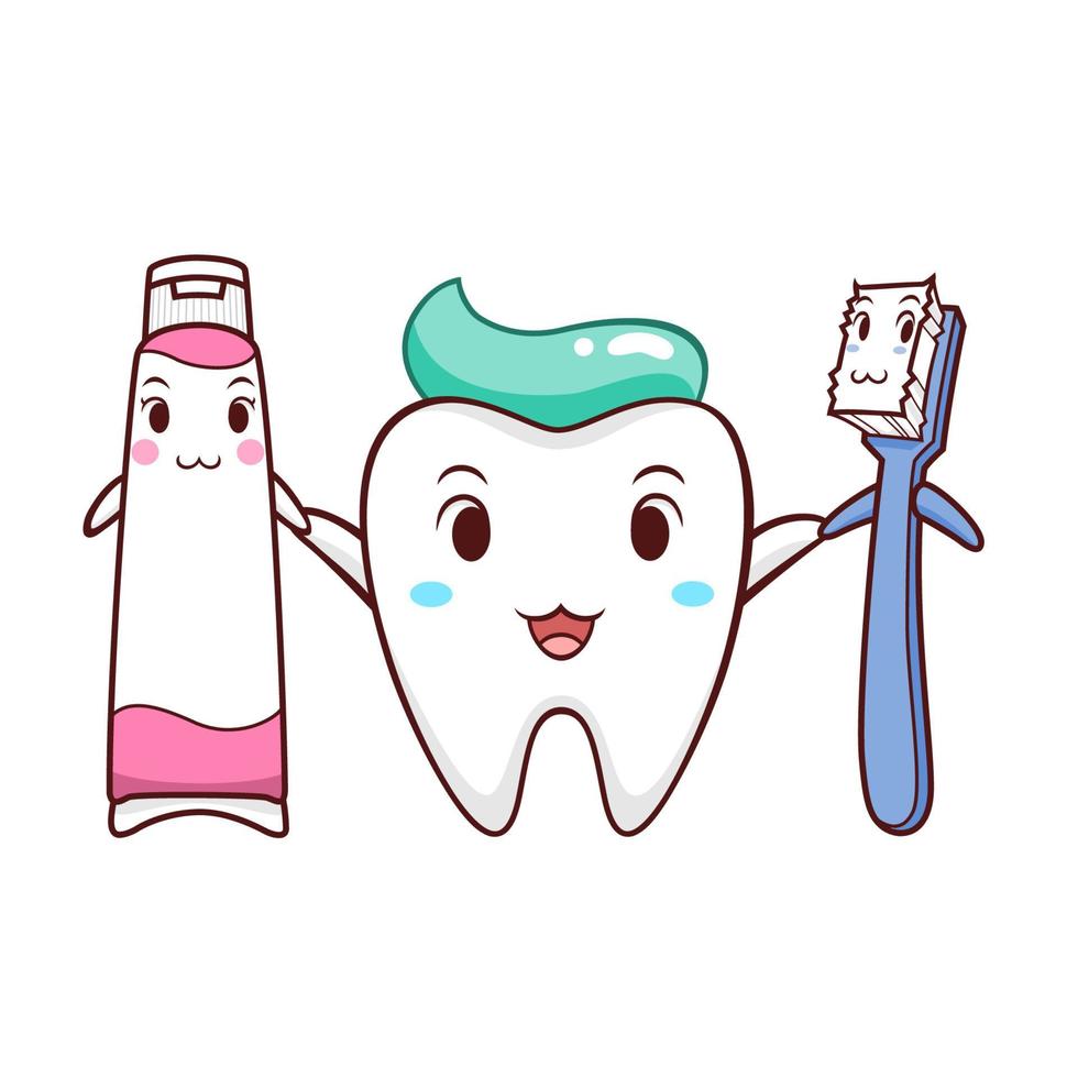 tecknad illustration av tand, tandborste och tandkräm. vektor