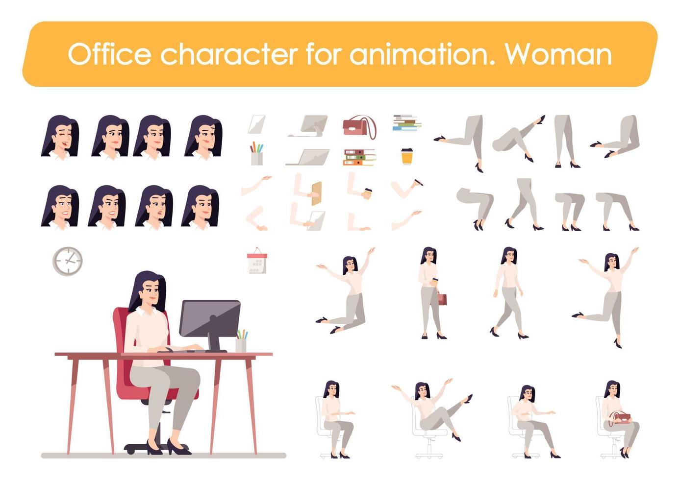 Geschäftsfrau Vorderansicht animierte flache Vektor-Charakter-Design. Büroleiter Charakter Animation Erstellung Cartoon-Set. Arbeitgeberkonstrukteur mit verschiedenen Gesichtsgefühlen, Körperhaltungen, Gesten, Beinset vektor