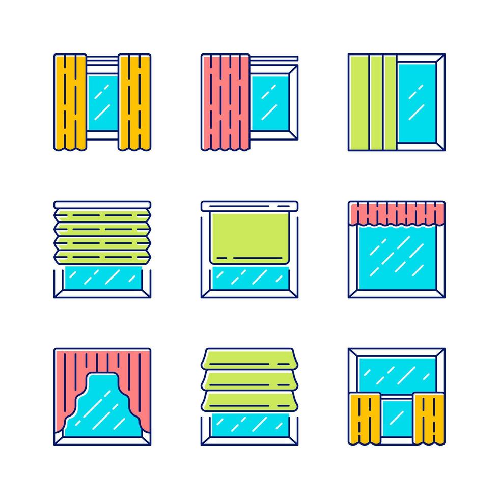 Fensterläden Farbsymbole gesetzt. Roller, Raffrollos, Panel, Swags, Volant. motorisierte Jalousie. Fensterdekoration für Haus und Büro. Inneneinrichtungsgeschäft. isolierte vektorillustrationen vektor