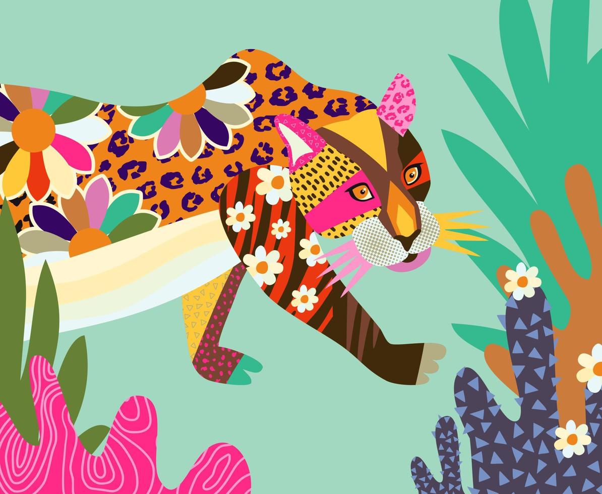 färgglada folkkonst leopard djur porträtt vektor